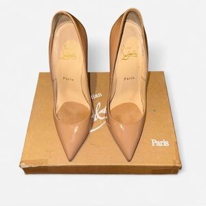 Tan Christian Louboutin Pigalle 120 patent calf heels